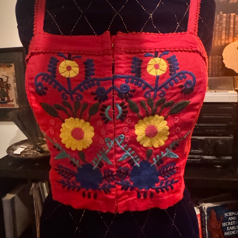 Vibrant Red Floral Embroidered Crop Top
